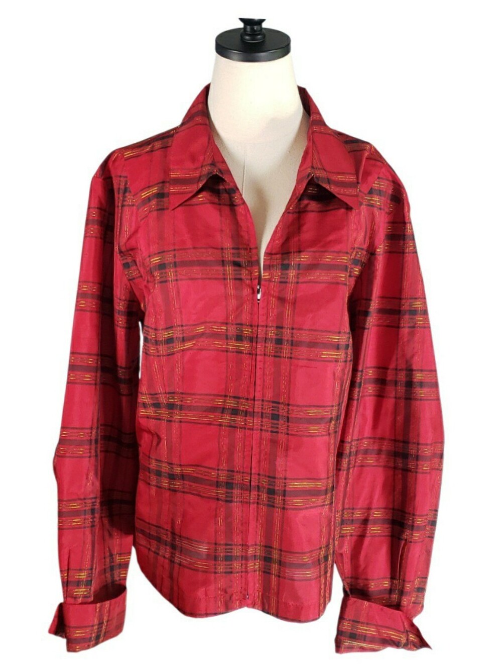 Coldwater CreekTartan Silk Womens Red Gold Plaid Zip-up Jacket Shirt 2X Holidays